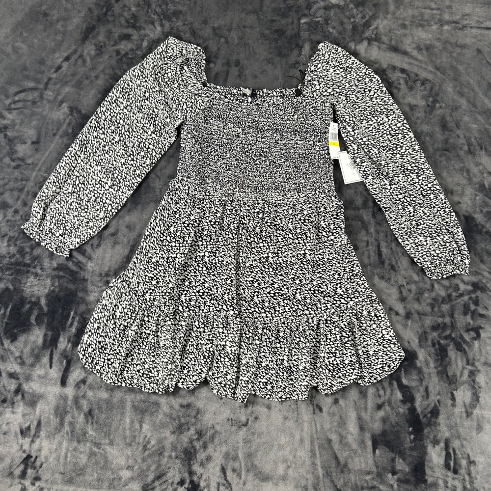 1.STATE Mini Dress Womens M Black White Smocked Tiered Ruffle Long Sleeve
